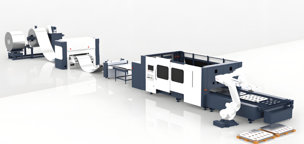 Automatic uncoiling of sheet metal to laser cutting and robotic palletizing